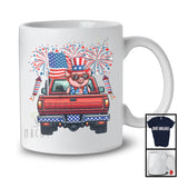 American Flag Pig On Pickup Truck, Cheerful 4th Of July Fireworks, Farm Animal Farmer Patriotic T-Shirt