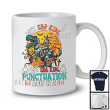 Eat Kids Punctuation Saves Lives, Humorous Halloween Skeleton Riding T-Rex, Teacher Dinosaur T-Shirt