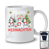 Frohe Weihnachten; Merry Christmas Tree Snowing Three Santa Reindeer Llamas; Germany Family T-Shirt