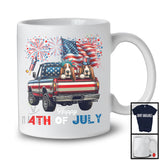 Happy 4th Of July, Adorable Two Basset Hound On Pickup, American Flag Fireworks Patriotic T-Shirt