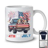 Happy 4th Of July, Adorable Two Beagle On Pickup Truck, American Flag Fireworks Patriotic T-Shirt