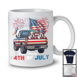Happy 4th Of July, Adorable Two Bulldog On Pickup Truck, American Flag Fireworks Patriotic T-Shirt