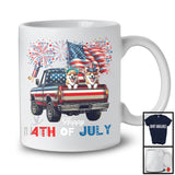 Happy 4th Of July, Adorable Two Corgi On Pickup Truck, American Flag Fireworks Patriotic T-Shirt