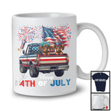 Happy 4th Of July, Adorable Two Dachshund On Pickup Truck, American Flag Fireworks Patriotic T-Shirt