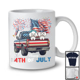 Happy 4th Of July, Adorable Two Poodle On Pickup Truck, American Flag Fireworks Patriotic T-Shirt