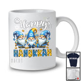 Happy Hanukkah; Adorable Chanukah Blue Plaid Three Gnomes Holding Menorah; Gnomies Family T-Shirt