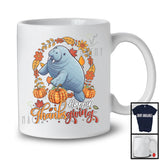 Happy Thanksgiving; Lovely Autumn Fall Leaves Circle Manatee Pumpkin; Wild Animal Lover T-Shirt