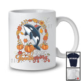 Happy Thanksgiving; Lovely Autumn Fall Leaves Circle Orca Pumpkin; Sea Animal Lover T-Shirt