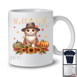 Hello Fall; Adorable Thanksgiving Cat With Plaid Leopard Pumpkin Sunflowers; Family Group T-Shirt
