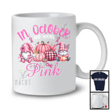In October We Wear Pink; Adorable Breast Cancer Awareness Gnomes; Pink Plaid Pumpkin T-Shirt