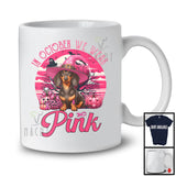 In October We Wear Pink; Adorable Breast Cancer Halloween Pink Witch Dachshund; Animal Lover T-Shirt