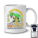 In September We Wear Gold; Lovely Childhood Cancer Awareness T-Rex Dinosaur; Gold Ribbon T-Shirt