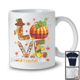 LOVE Teacher; Amazing Thanksgiving Fall Leaves Plaid Pumpkin Pencil; Teacher Careers Jobs T-Shirt