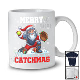 Merry Catchmas; Awesome Christmas Snowing Santa Playing Softball; Catcher Sport Team T-Shirt