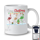 Merry Christmas; Lovely Three Santa Reindeer Elf Flamingo; Leopard Plaid Animal Lover T-Shirt