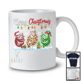 Merry Christmas; Lovely Three Santa Reindeer Elf Sloth; Leopard Plaid Animal Lover T-Shirt