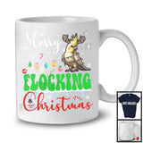 Merry Flocking Christmas; Cheerful X-mas Lights Santa Cockatiel Snowing; Bird Family Group T-Shirt