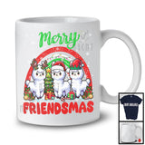 Merry Friendmas, Amazing Christmas Three Llama Santa ELF Reindeer, Rainbow Snowing T-Shirt