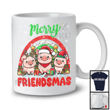Merry Friendmas, Amazing Christmas Three Pig Santa ELF Reindeer, Rainbow Snowing T-Shirt