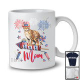 Mom, Adorable Mother's Day 4th Of July Bengal Cat With Fireworks, American Flag Patriotic T-Shirt