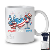Peace Love Wine, Awesome 4th Of July American Flag Peace Sign Hand Heart, Drinking Drunker T-Shirt