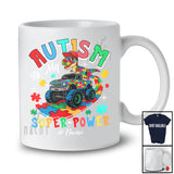 Personalized Autism Is My Super-power; Humorous Custom Name Puzzle Dino T-Rex On Monster Truck T-Shirt
