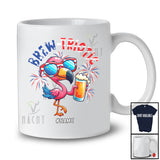 Personalized Brew-triotic; Cheerful 4th Of July Flamingo Drinking Beer; Custom Name Patriotic T-Shirt