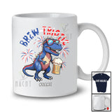 Personalized Brew-triotic; Cheerful 4th Of July T-Rex Drinking Beer; Custom Name Patriotic T-Shirt