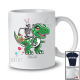 Personalized Bunny Skeleton Riding T-Rex; Humorous Easter Eggs Hunting; Custom Name Family T-Shirt