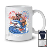 Personalized Custom Name Bear Riding Shark Drinking Eat Pizza; Lovely 4th Of July Patriotic T-Shirt