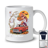 Personalized Custom Name Bigfoot Taking Ghost Pumpkin On Pickup Truck; Scary Halloween Moon T-Shirt