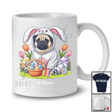 Personalized Custom Name Bunny Pug With Easter Egg Basket; Lovely Easter Flowers Pug; Family T-Shirt