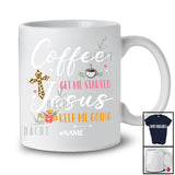 Personalized Custom Name Coffee Gets Me Started Jesus Keeps Me Going; Joyful Leopard Cross T-Shirt