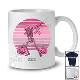 Personalized Custom Name Dabbing Skeleton Pink Ribbon; Lovely Halloween Breast Cancer Retro T-Shirt