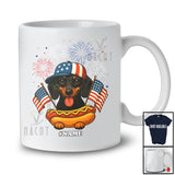 Personalized Custom Name Dachshund with Hotdog; Humorous 4th of July American Flag Patriotic T-Shirt
