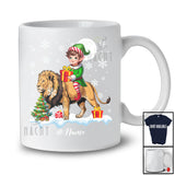 Personalized Custom Name Elf Riding A Lion; Amazing Christmas Snowing Lion Wild Animal T-Shirt