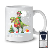 Personalized Custom Name Elf Riding A T-Rex; Amazing Christmas Snowing T-Rex Wild Animal T-Shirt