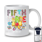 Personalized Custom Name Fifth Grade; Lovely Back To School Teacher Leopard Coquette Pencil Bow T-Shirt