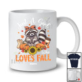 Personalized Custom Name Girl Who Loves Fall; Lovely Thanksgiving Raccoon Sunflower Pumpkin T-Shirt