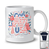 Personalized Custom Name God Bless The USA; Proud 4th of July US Flag Cross Flowers; Patriotic T-Shirt