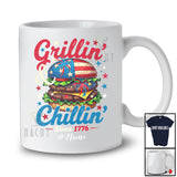 Personalized Custom Name Grillin' and Chillin' 1776; Joyful 4th of July US Flag Hamburger; Patriotic T-Shirt