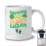 Personalized Custom Name Growing Our Lucky Charm; Lovely St Patrick's Day Pregnancy Shamrock T-Shirt