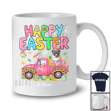 Personalized Custom Name Happy Easter; Adorable Easter Bunny Pug on Pickup Truck; Egg Hunting T-Shirt
