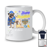 Personalized Custom Name Happy Hanukkah; Amusing Chanukah Pug With Menorah Animal T-Shirt