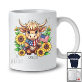 Personalized Custom Name Highland Cow Sunflowers US Flag; Lovely 4th of July Farmer Patriotic T-Shirt