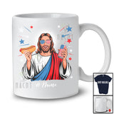 Personalized Custom Name Jesus Eating Hotdog Drinking; Humorous 4th Of July Patriotic Family T-Shirt