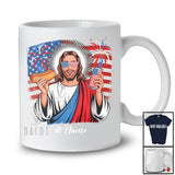 Personalized Custom Name Jesus Eating Hotdog Drinking; Humorous 4th Of July US Flag Patriotic T-Shirt