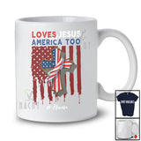 Personalized Custom Name Loves Jesus and America Too; Proud 4th of July US Flag Cross; Patriotic T-Shirt
