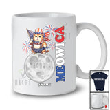 Personalized Custom Name Meowica; Adorable 4th Of July Cat On Moon US Flag; Patriotic T-Shirt
