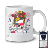 Personalized Custom Name Messy Bun Hair Skull Say Hi; Joyful 4th of July Fireworks; Patriotic T-Shirt
